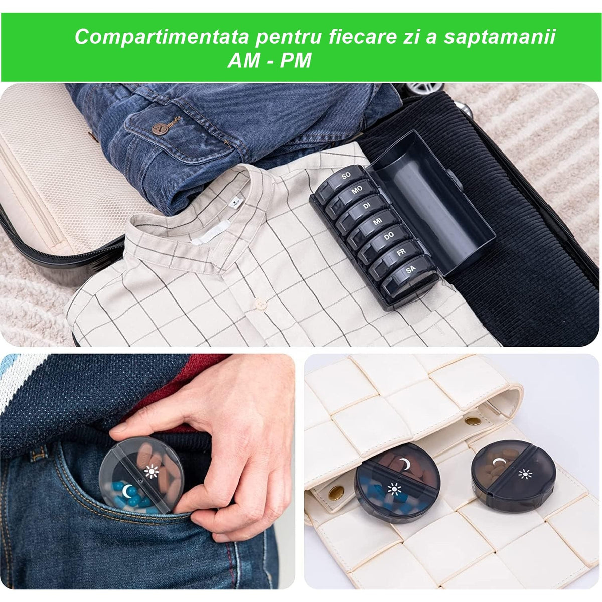 Organizator Medicamente 7 Zile, Cutie Depozitare Pastile cu 14 Compartimente AM/PM, Recipiente Zilnice Detasabile, Plastic fara BPA, Negru, 17.5x11x9.5 cm