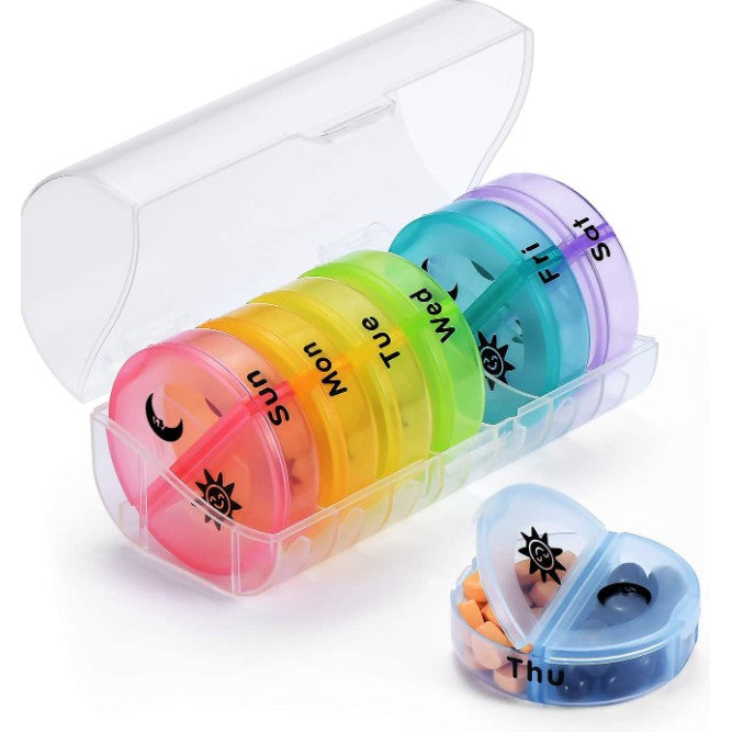 Organizator Medicamente Saptamanal, 7 Zile AM/PM, 14 Compartimente Mari Detasabile, Cutie Depozitare Pilule si Vitamine, Plastic Fara BPA, Portabil, Multicolor, 17.5x11x9.5 cm