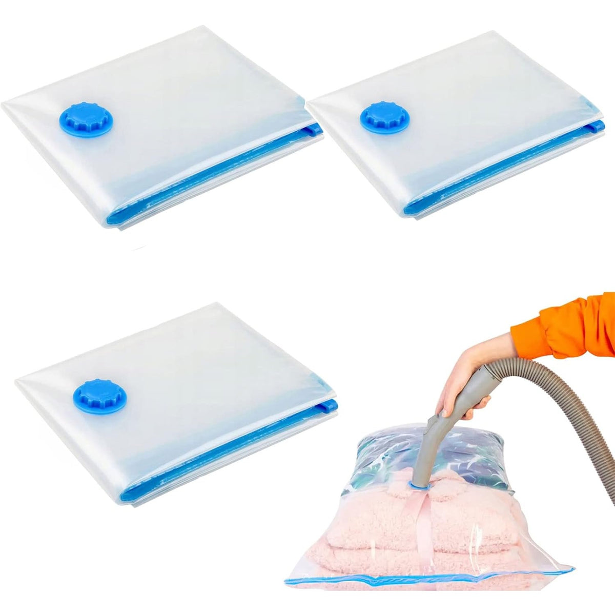 Set Saci de Vidat Haine si Lenjerie, Organizare si Depozitare, Protectie Anti-Umezeala, Reutilizabili cu Pompa Manuala Inclusa, Transparent, 3 Bucati, Dimensiuni 60x80cm, 70x100cm, 80x120cm