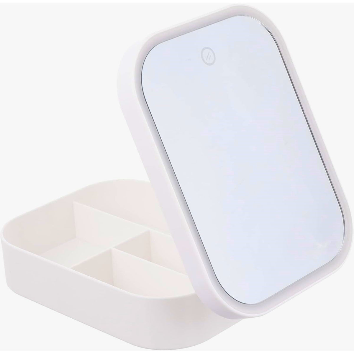 Geanta Cosmetice si Portfard cu Oglinda LED 4K, 3 Moduri Lumina Reglabila, Acumulator 1200 mAh, Incarcare USB, 4 Compartimente, Piele Ecologica, Alb, 16.5x11.5x6 cm
