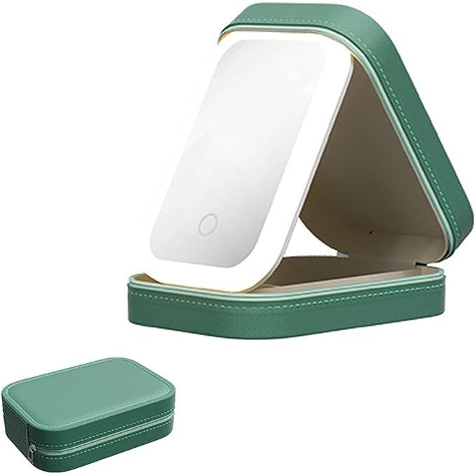 Portfard Geanta Cosmetice cu Oglinda LED 4K, 3 Moduri Lumina, Organizator Machiaj cu 4 Compartimente, Baterie 1200 mAh, Incarcare USB, Piele Ecologica, Verde, 16.5x11.5x6 cm