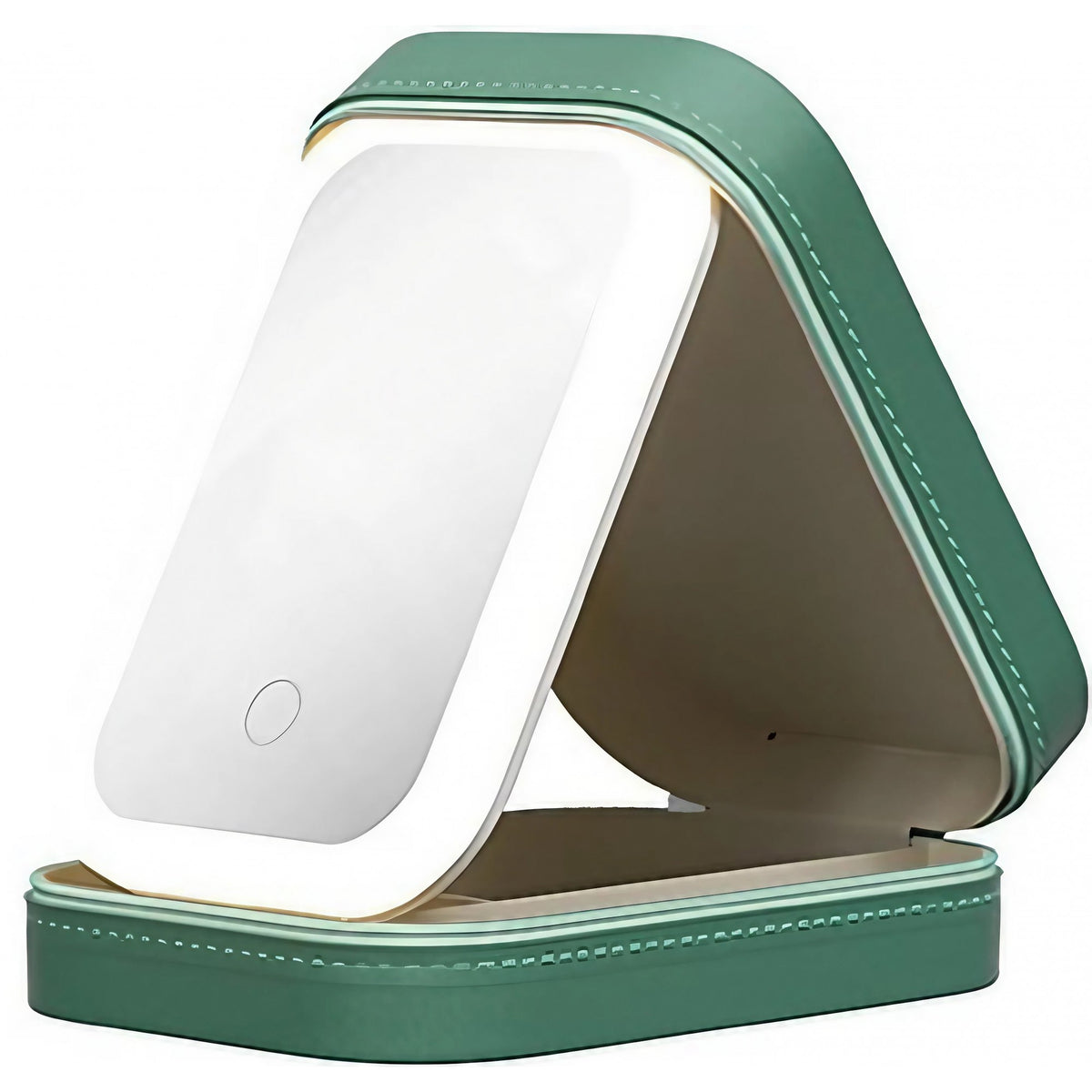 Portfard Geanta Cosmetice cu Oglinda LED 4K, 3 Moduri Lumina, Organizator Machiaj cu 4 Compartimente, Baterie 1200 mAh, Incarcare USB, Piele Ecologica, Verde, 16.5x11.5x6 cm