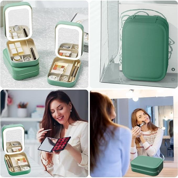 Portfard Geanta Cosmetice cu Oglinda LED 4K, 3 Moduri Lumina, Organizator Machiaj cu 4 Compartimente, Baterie 1200 mAh, Incarcare USB, Piele Ecologica, Verde, 16.5x11.5x6 cm