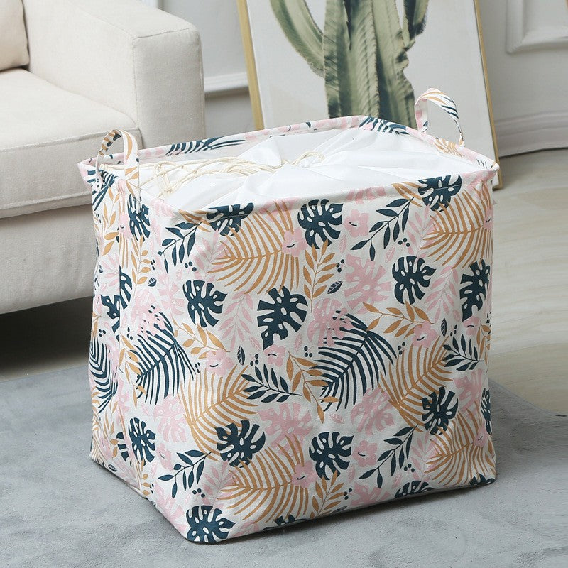 Clothbox Cos de Depozitare pentru Rufe si Jucarii, Model Pliabil cu Snur, Impermeabil, Bumbac Natural si PE, 80 x 50 x 50 cm, Model Frunze, Alb Multicolor