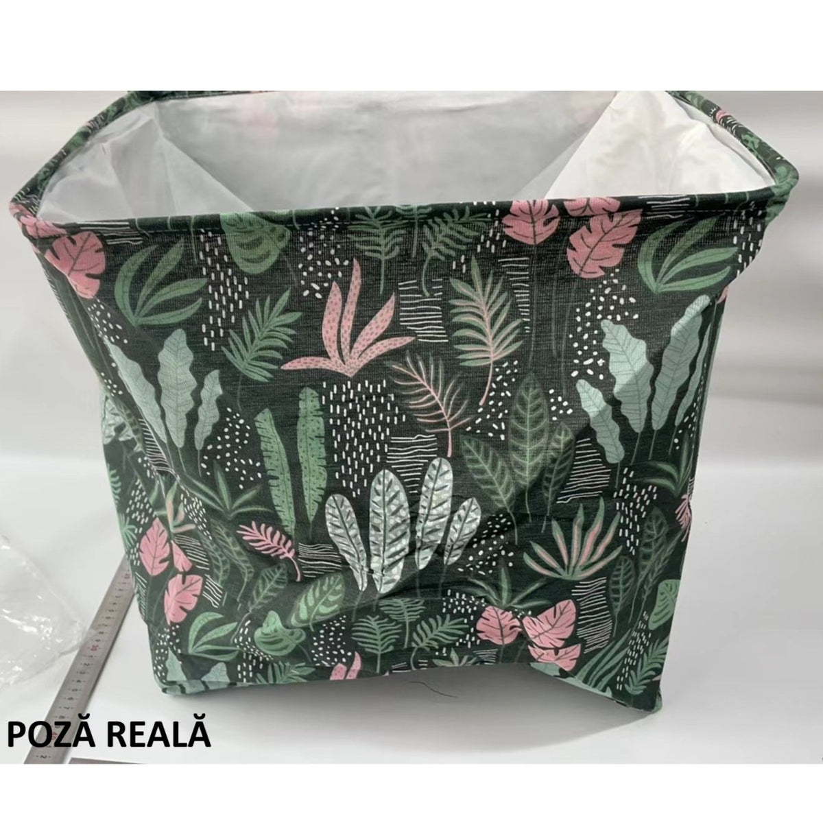 Cutie Depozitare Haine si Paturi, Pliabila si Impermeabila cu Snur, Organizator Textile cu Manere, Bumbac si PE, 100 L, 50x50x40 cm, Model Frunze, Verde