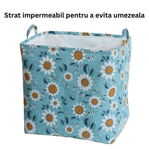 Cos Depozitare Haine si Jucarii, Capac cu Snur, Bumbac Impermeabil, 175 L, 50 x 50 x 70 cm, Albastru Deschis cu Imprimeu Flori