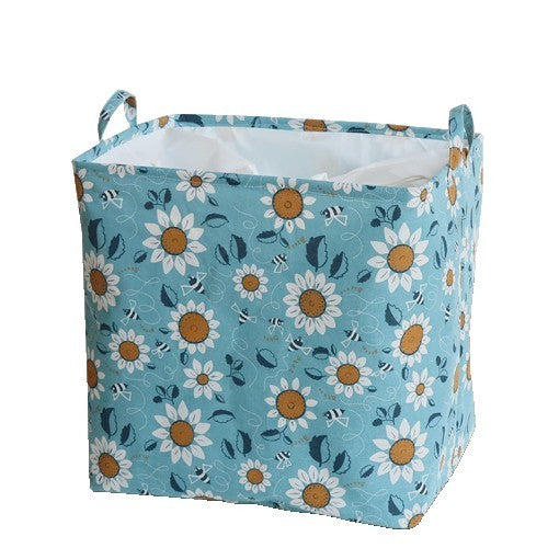 Cos Depozitare Haine si Jucarii, Capac cu Snur, Bumbac Impermeabil, 175 L, 50 x 50 x 70 cm, Albastru Deschis cu Imprimeu Flori