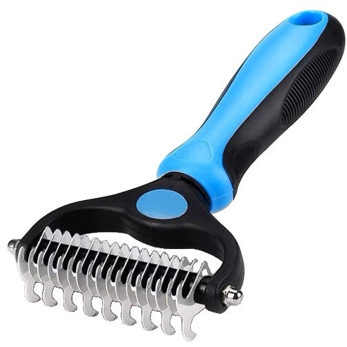 Perie pentru Părul de Animale cu Două Fețe, Dispozitiv pentru Descâlcire și Îndepărtarea Pufului, Lame din Oțel Inoxidabil, Mâner Ergonomic, Albastru