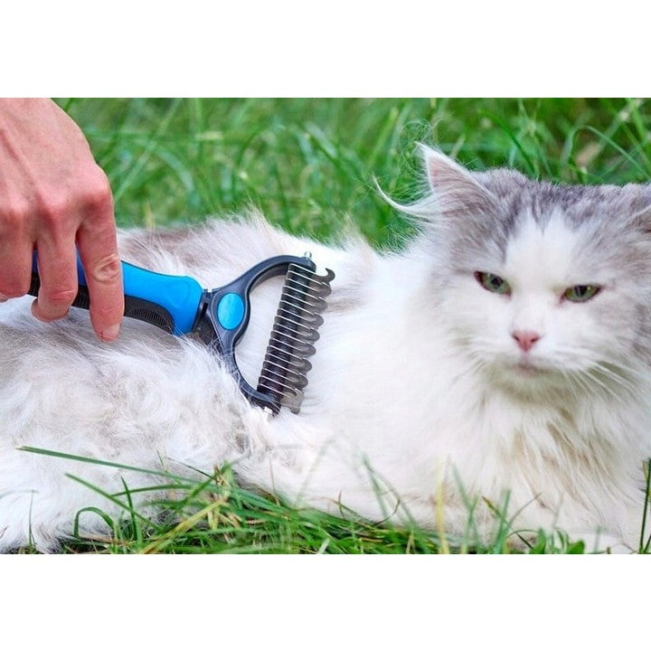 Perie pentru Părul de Animale cu Două Fețe, Dispozitiv pentru Descâlcire și Îndepărtarea Pufului, Lame din Oțel Inoxidabil, Mâner Ergonomic, Albastru