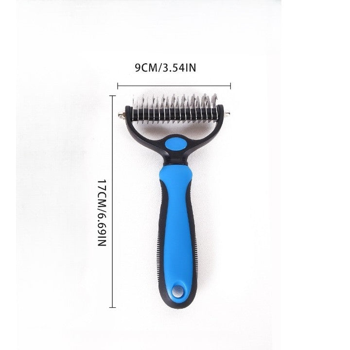 Perie pentru Părul de Animale cu Două Fețe, Dispozitiv pentru Descâlcire și Îndepărtarea Pufului, Lame din Oțel Inoxidabil, Mâner Ergonomic, Albastru