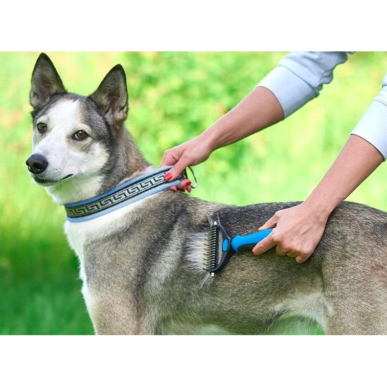 Perie pentru Părul de Animale cu Două Fețe, Dispozitiv pentru Descâlcire și Îndepărtarea Pufului, Lame din Oțel Inoxidabil, Mâner Ergonomic, Albastru