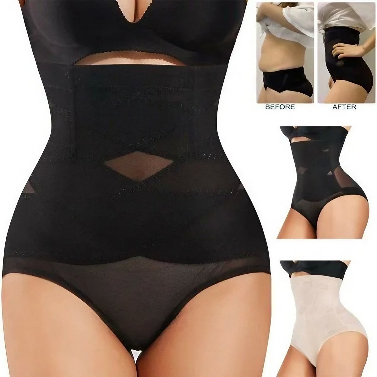 Lenjerie Modelatoare pentru Abdomen, Chilot cu Talie Inalta si Corset, Efect Push-Up si Sculptare 360 Grade, Nailon Elastic, Negru, Marimea L