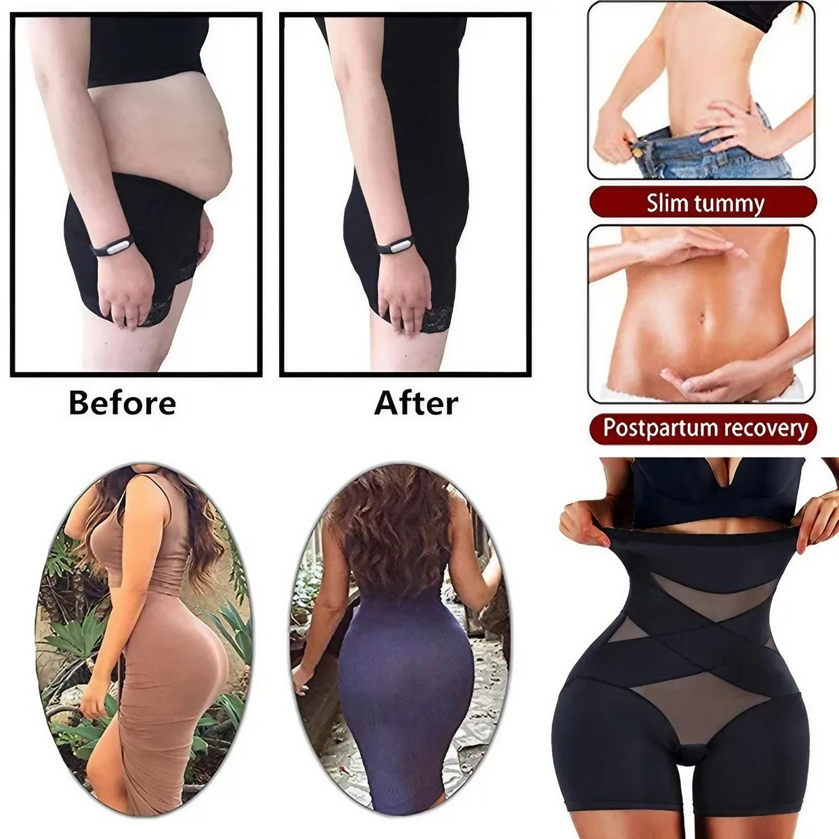 Lenjerie Modelatoare pentru Abdomen, Chilot cu Talie Inalta si Corset, Efect Push-Up si Sculptare 360 Grade, Nailon Elastic, Negru, Marimea L