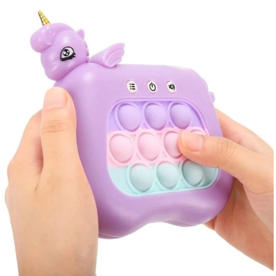 Jucarie Interactiva Pop It Whack A Mole, Consola Joc Memorie si Dexteritate, Anti-Stres cu 4 Moduri de Joc, Lumini si Muzica, ABS si Silicon, Model Unicorn, Mov