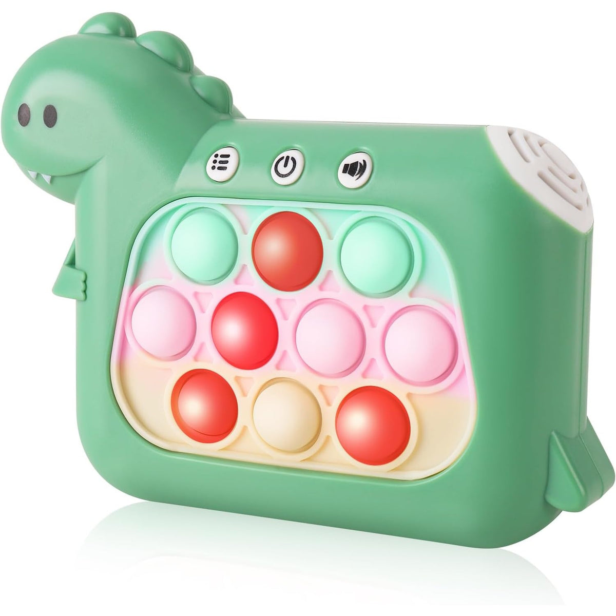 Jucarie Interactiva Pop It Whack A Mole, Consola Joc Quick Push Anti-Stres cu Lumini si Muzica, 4 Moduri de Joc, Dezvoltare Atentie, Material ABS si Silicon, Model Dinozaur, Verde, +3 Ani