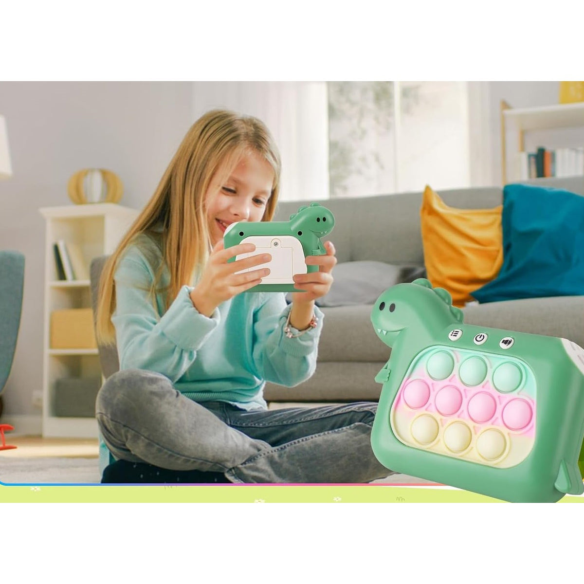 Jucarie Interactiva Pop It Whack A Mole, Consola Joc Quick Push Anti-Stres cu Lumini si Muzica, 4 Moduri de Joc, Dezvoltare Atentie, Material ABS si Silicon, Model Dinozaur, Verde, +3 Ani