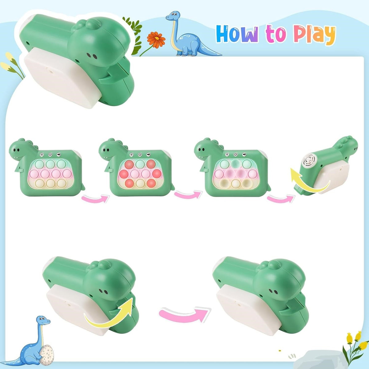 Jucarie Interactiva Pop It Whack A Mole, Consola Joc Quick Push Anti-Stres cu Lumini si Muzica, 4 Moduri de Joc, Dezvoltare Atentie, Material ABS si Silicon, Model Dinozaur, Verde, +3 Ani