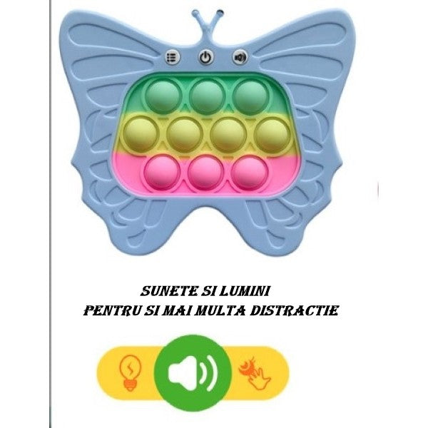 Jucarie Interactiva Tip Consola Pop-It pentru Copii, Joc Antistres cu 120 Nivele, Lumini si Sunete, Material ABS si Silicon, Model Fluture, 12 x 5.5 x 13.5 cm, Albastru Deschis