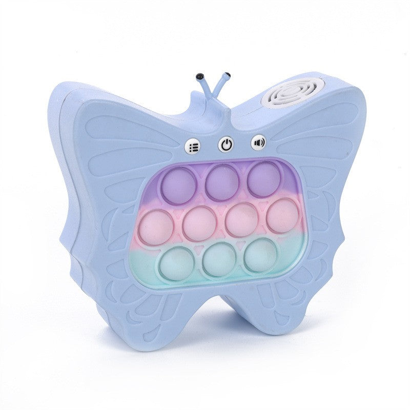 Jucarie Interactiva Tip Consola Pop-It pentru Copii, Joc Antistres cu 120 Nivele, Lumini si Sunete, Material ABS si Silicon, Model Fluture, 12 x 5.5 x 13.5 cm, Albastru Deschis