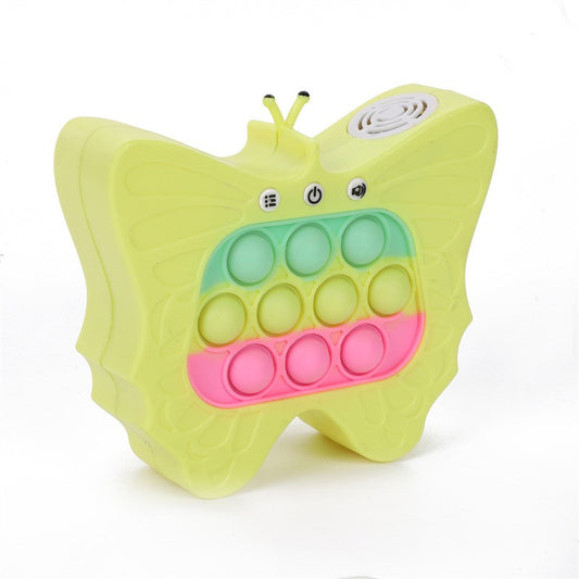Jucarie Interactiva Pop It Tip Consola pentru Copii, Joc de Memorie si Coordonare cu 120 Nivele, Sunete si Lumini, Material ABS si Silicon, 12 x 5.5 x 13.5 cm, Model Fluture, Galben