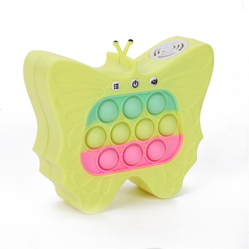 Jucarie Interactiva Pop It Tip Consola pentru Copii, Joc de Memorie si Coordonare cu 120 Nivele, Sunete si Lumini, Material ABS si Silicon, 12 x 5.5 x 13.5 cm, Model Fluture, Galben