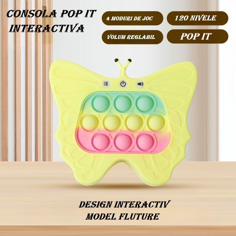Jucarie Interactiva Pop It Tip Consola pentru Copii, Joc de Memorie si Coordonare cu 120 Nivele, Sunete si Lumini, Material ABS si Silicon, 12 x 5.5 x 13.5 cm, Model Fluture, Galben