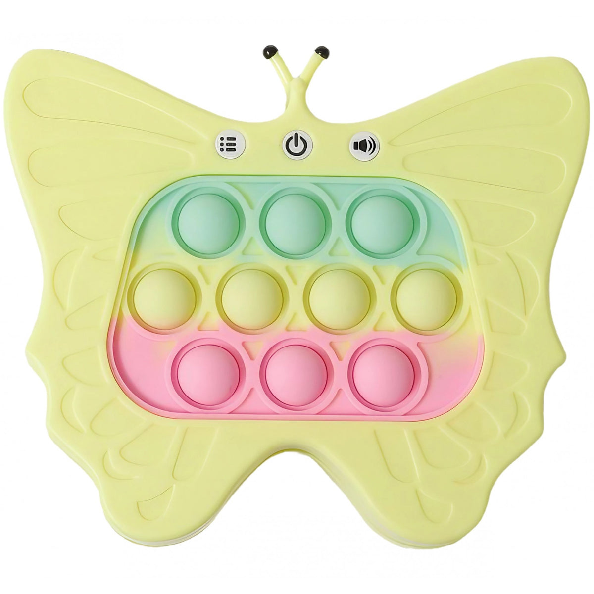 Jucarie Interactiva Pop It Tip Consola pentru Copii, Joc de Memorie si Coordonare cu 120 Nivele, Sunete si Lumini, Material ABS si Silicon, 12 x 5.5 x 13.5 cm, Model Fluture, Galben