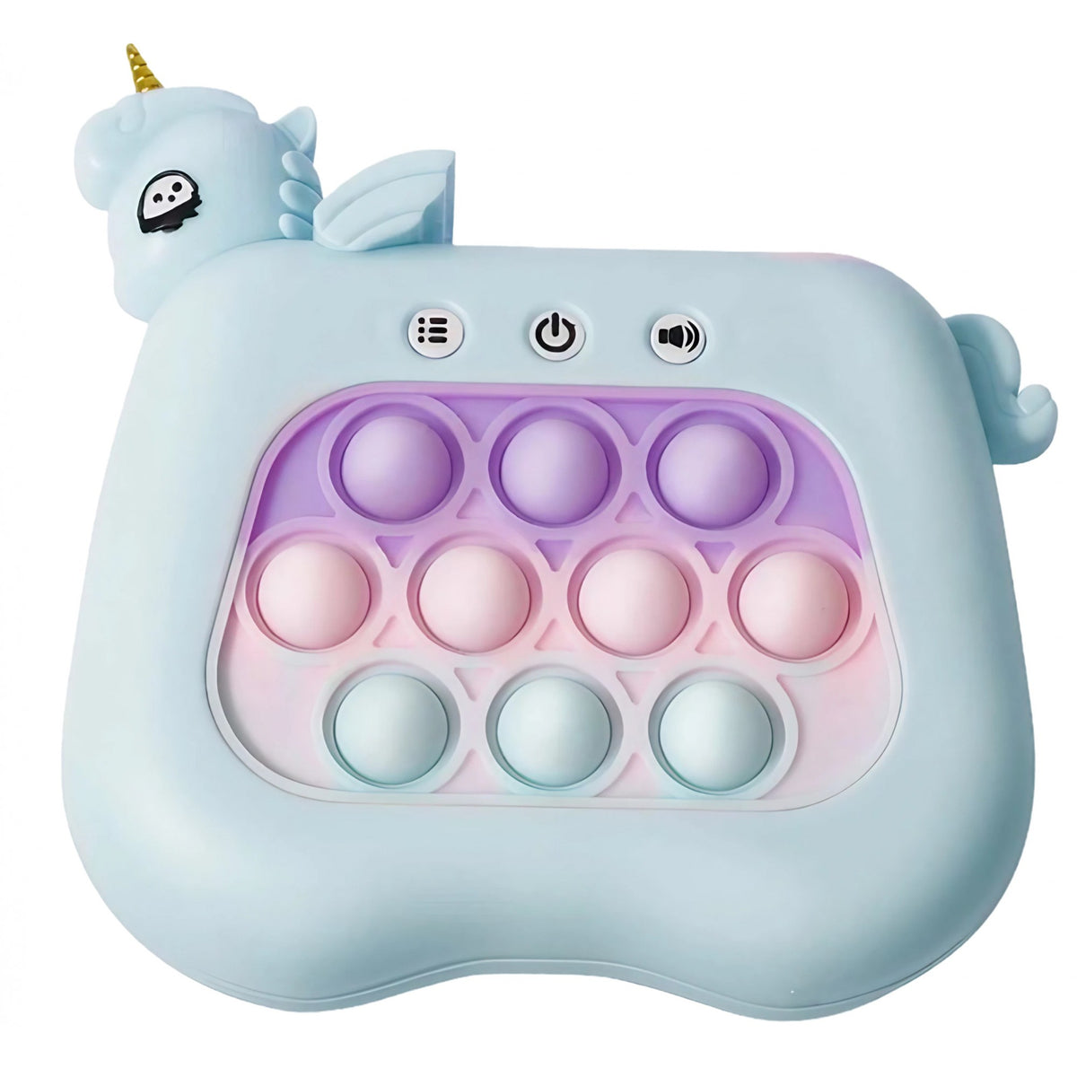 Jucarie Interactiva Tip Consola Pop It Antistres, 12 Nivele cu Sunete si Lumini, Joc de Memorie si Coordonare, Material ABS si Silicon, 13.5 x 5.5 x 12.5 cm, Model Unicorn, Albastru