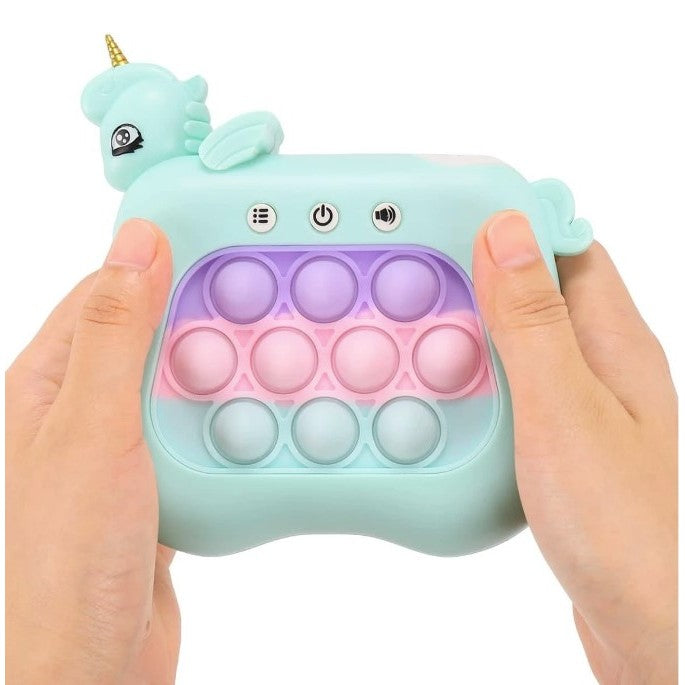 Jucarie Interactiva Tip Consola Pop It Antistres, 12 Nivele cu Sunete si Lumini, Joc de Memorie si Coordonare, Material ABS si Silicon, 13.5 x 5.5 x 12.5 cm, Model Unicorn, Albastru