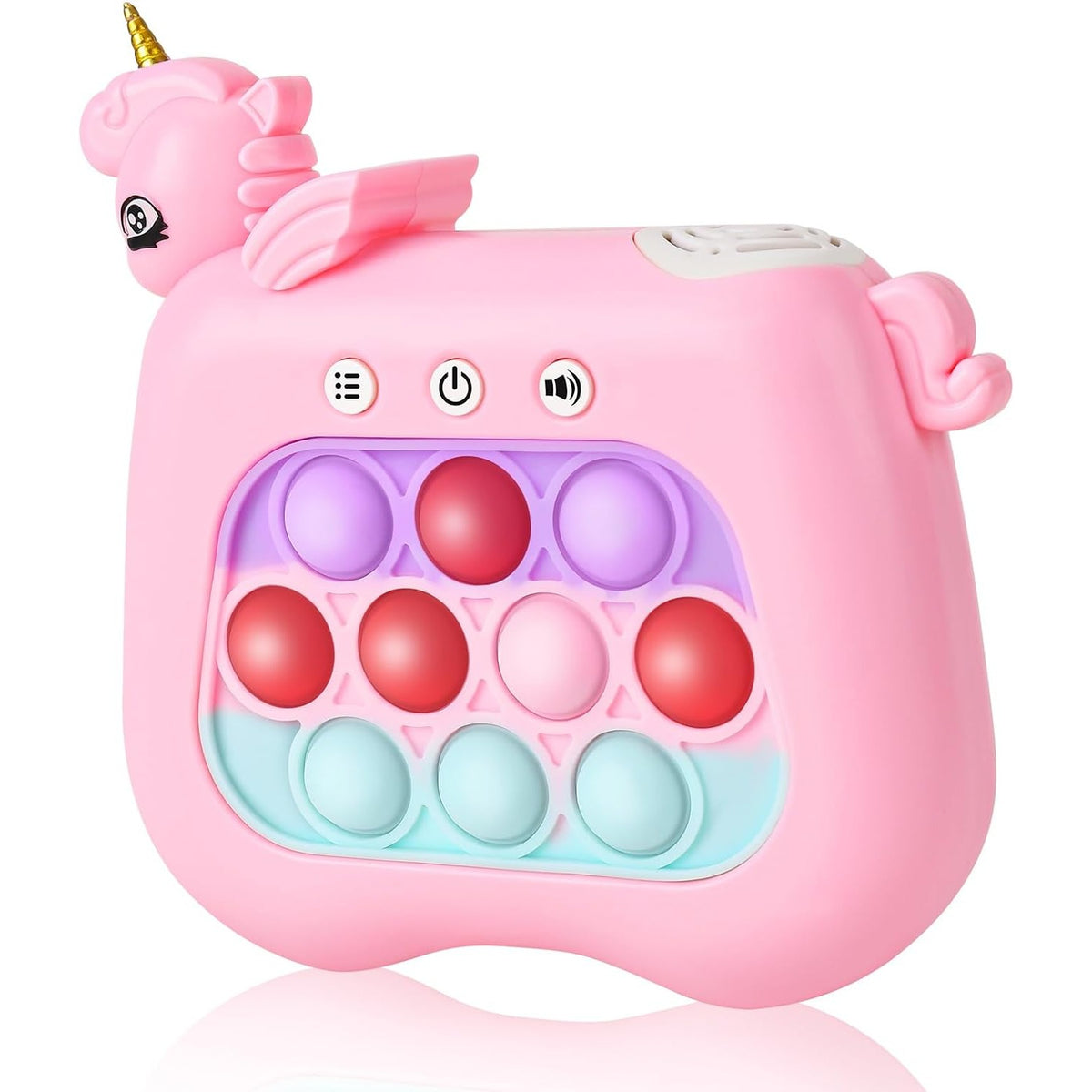 Jucarie Interactiva Pop It Whack A Mole, Consola Joc Memorie si Antistres, 4 Moduri de Joc cu Lumini si Muzica, ABS si Silicon, Model Unicorn, Roz, +3 Ani