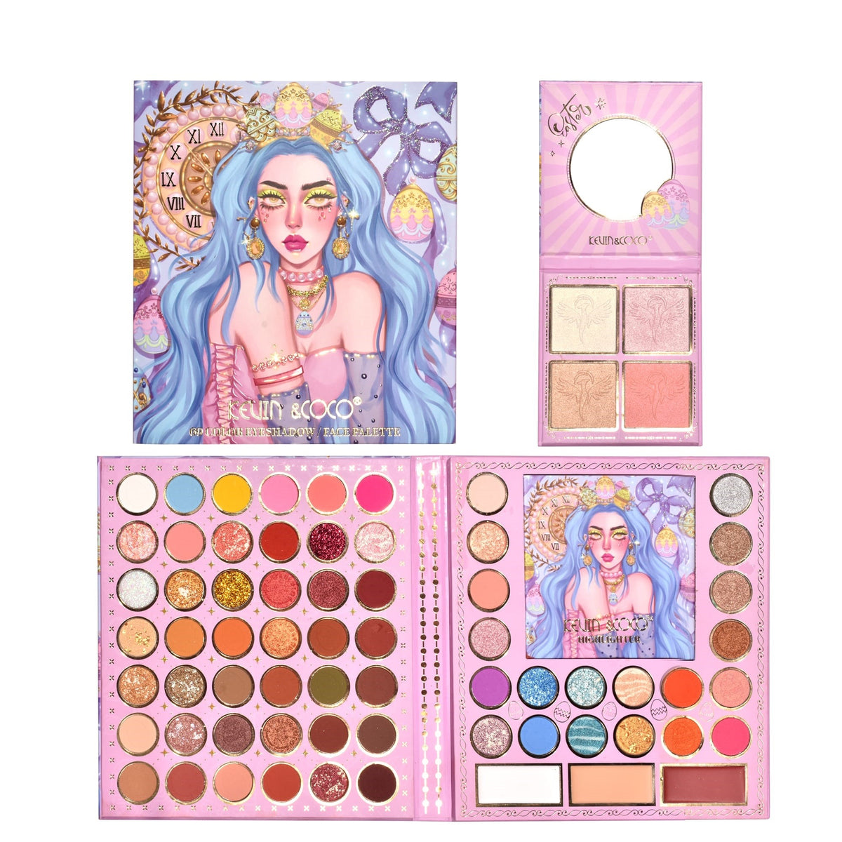 Trusa Machiaj Kevin & Coco Easter Style Blue, Paleta Farduri Pleoape si Iluminator, 69 Culori Mate Sidefate si Glitter, Formula Cruelty-Free, 20 x 22.5 cm, Albastru