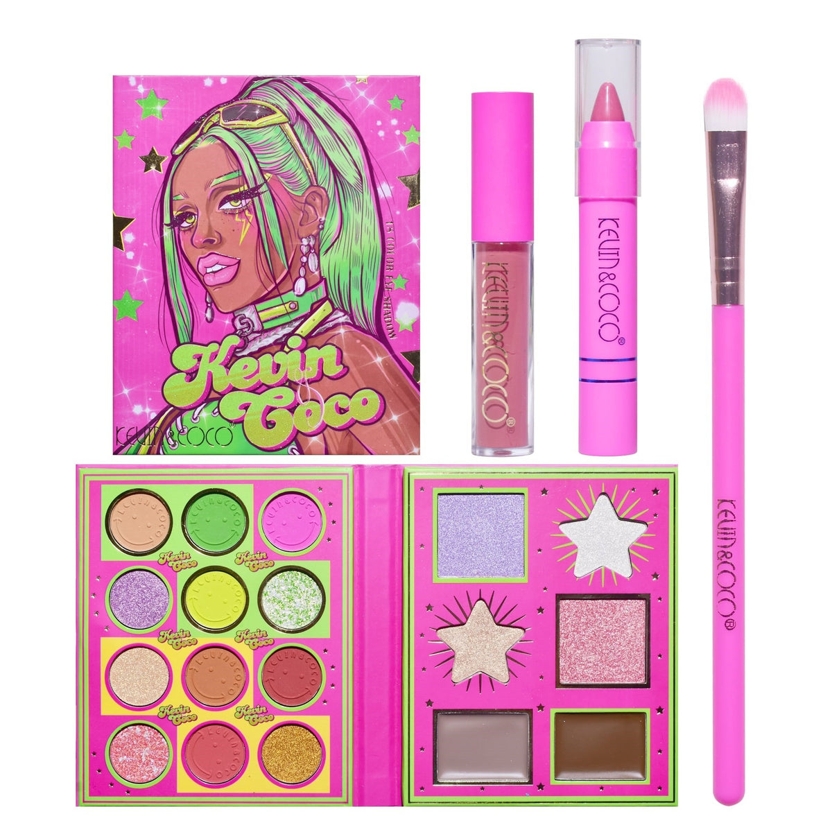 Kevin & Coco Set Machiaj Green Cool Girl, Trusa Completa cu 12 Farduri de Ochi, 4 Iluminatoare, Contur, Rujuri si Pensula, 18 Culori, Multicolor, 210 g