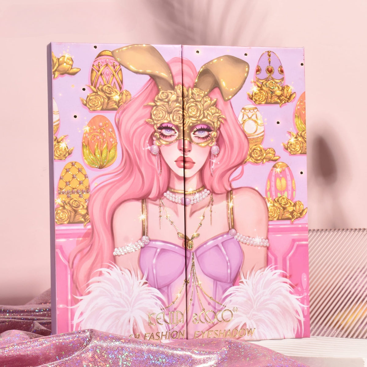 Trusa Machiaj Kevin & Coco Easter Style Pink, Paleta 65 Farduri de Pleoape si 4 Iluminatoare, Textura Mata si Sidefata, Pigmentata, 69 Culori, 20 x 22.5 cm