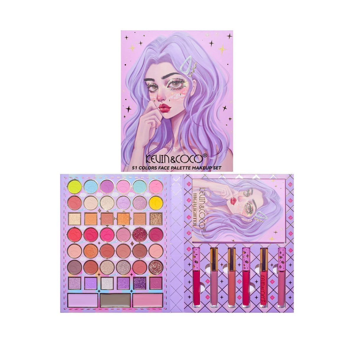 Kevin & Coco Set Machiaj Complet Violet Fairy, Trusa Cosmetice cu 42 Farduri Ochi, 3 Blush, 6 Rujuri si 6 Iluminatoare, Formule Pigmentate si Cruelty-Free, 51 Culori, 19.5 x 24.5 x 2.5 cm