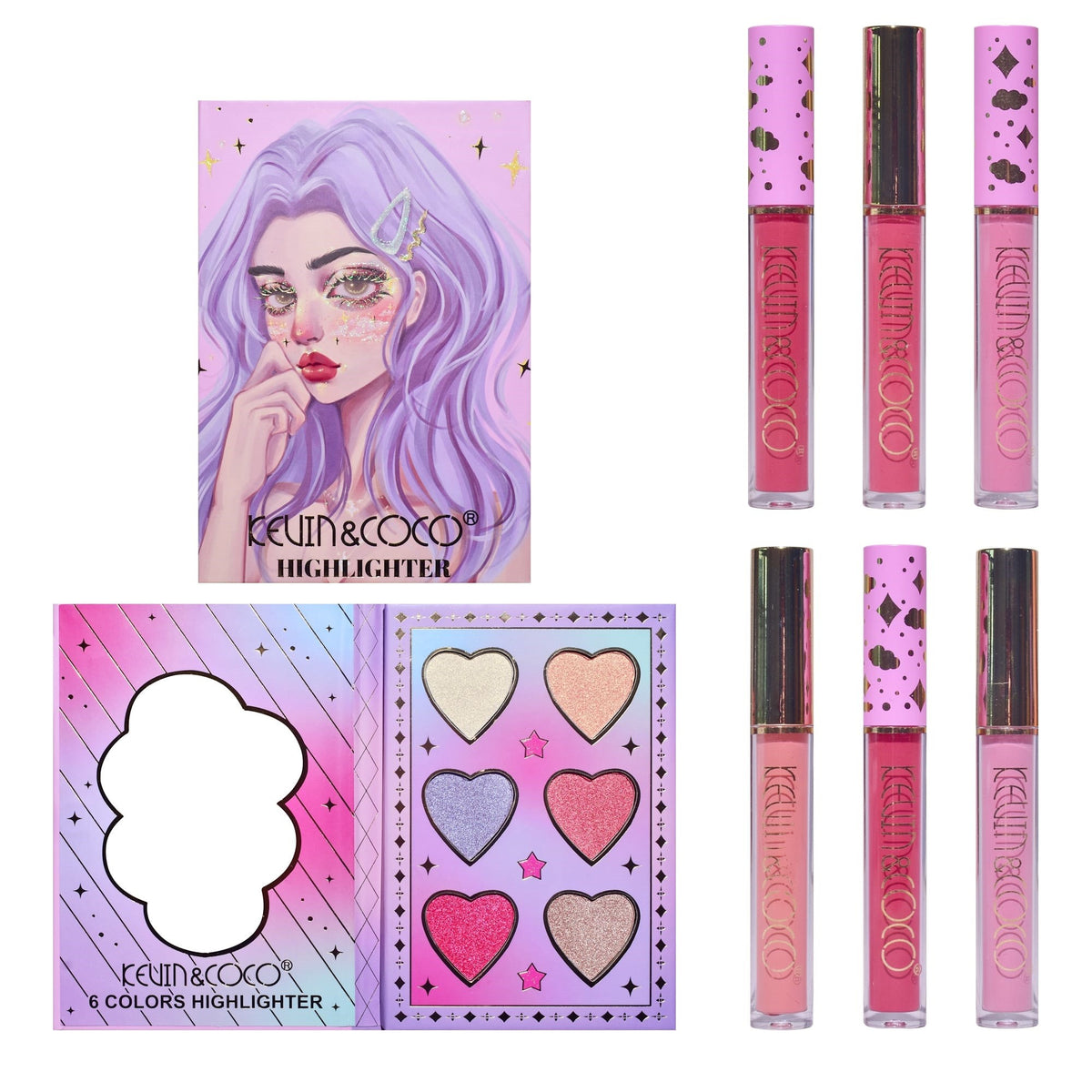 Kevin & Coco Set Machiaj Complet Violet Fairy, Trusa Cosmetice cu 42 Farduri Ochi, 3 Blush, 6 Rujuri si 6 Iluminatoare, Formule Pigmentate si Cruelty-Free, 51 Culori, 19.5 x 24.5 x 2.5 cm