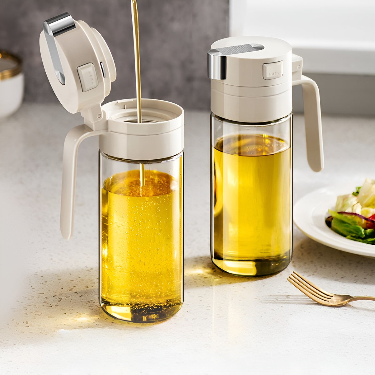 Dispenser Pentru Ulei Si Otet, Deschidere Automata Gravitationala, Control Precis, Din Sticla Borosilicata, 550 ml, 12x7.6x20.5 cm, Alb