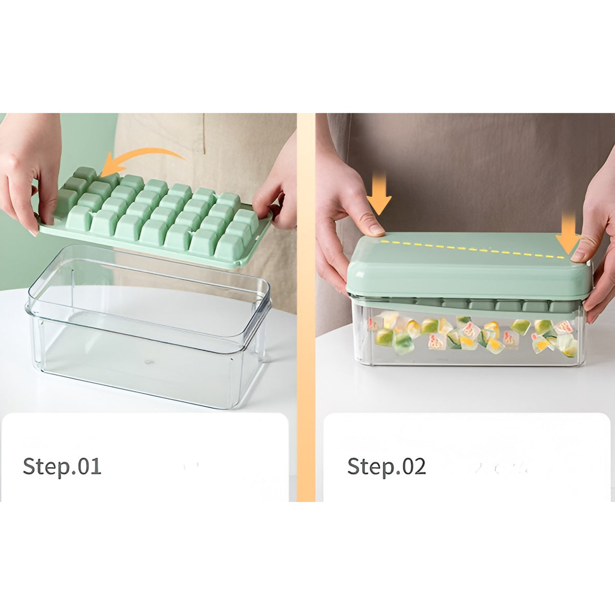 Set Recipient pentru Cuburi de Gheata cu Sistem de Presare, 2 Tavi de Silicon, Capac Etans si Lopata inclusa, Plastic Alimentar PET/PP, 23.5x13.3x10 cm, Verde/Transparent