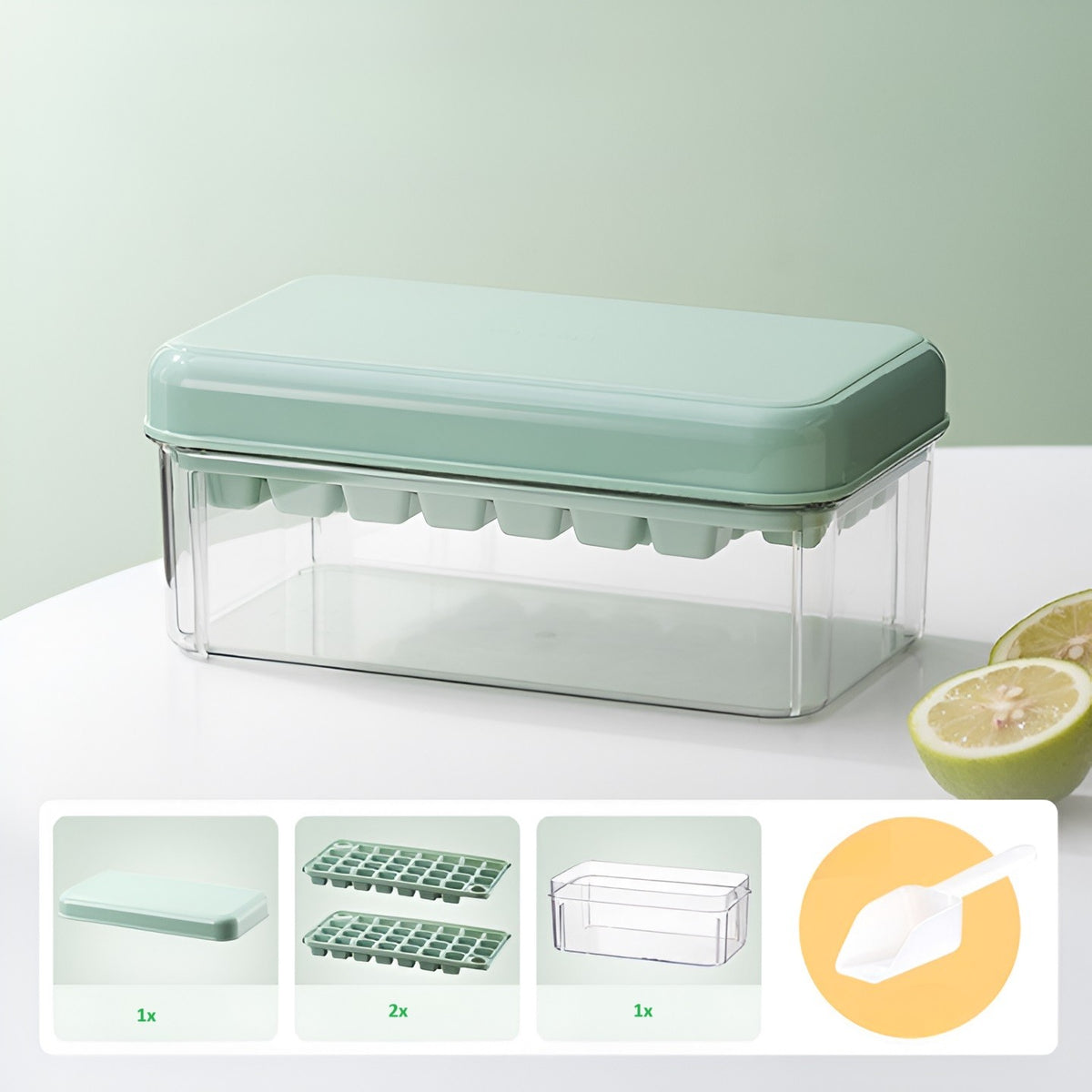 Set Recipient pentru Cuburi de Gheata cu Sistem de Presare, 2 Tavi de Silicon, Capac Etans si Lopata inclusa, Plastic Alimentar PET/PP, 23.5x13.3x10 cm, Verde/Transparent