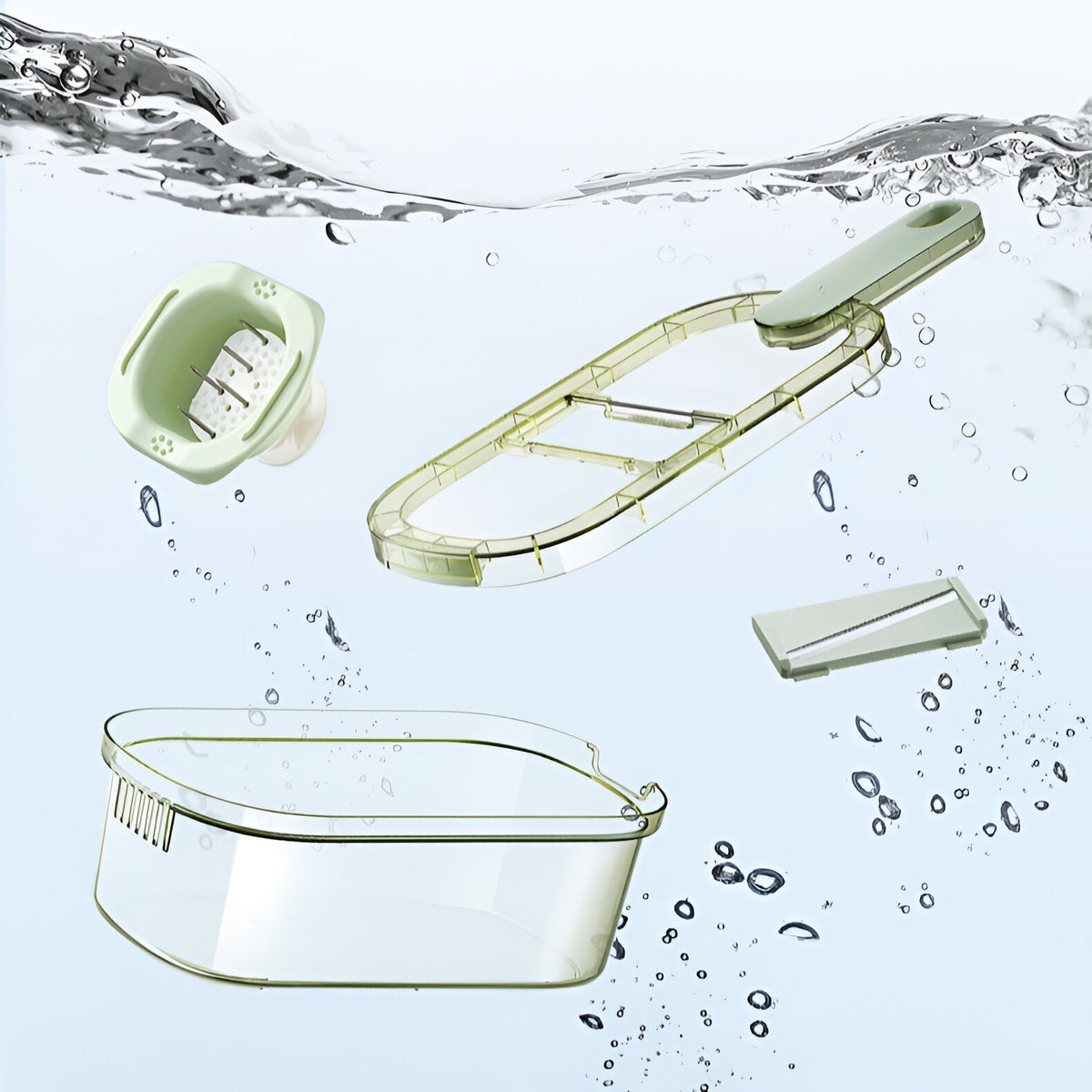 Feliator Multifunctional pentru Legume si Fructe, 6 in 1 cu 9 Piese, Lame din Otel Inoxidabil si Recipient de Stocare, Protectie Mana, ABS, 35x12x9.4 cm, Verde