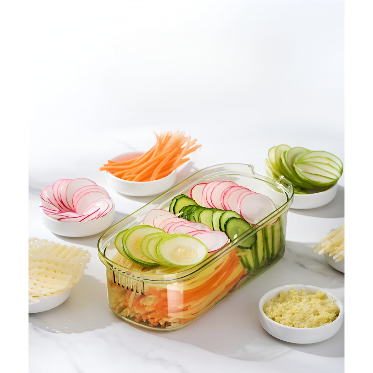 Feliator Multifunctional pentru Legume si Fructe, Tocator 3 in 1 cu 6 Piese, Lame din Inox 420, Recipient Stocare si Protectie Mana, ABS fara BPA, 35x12x9.4 cm, Verde