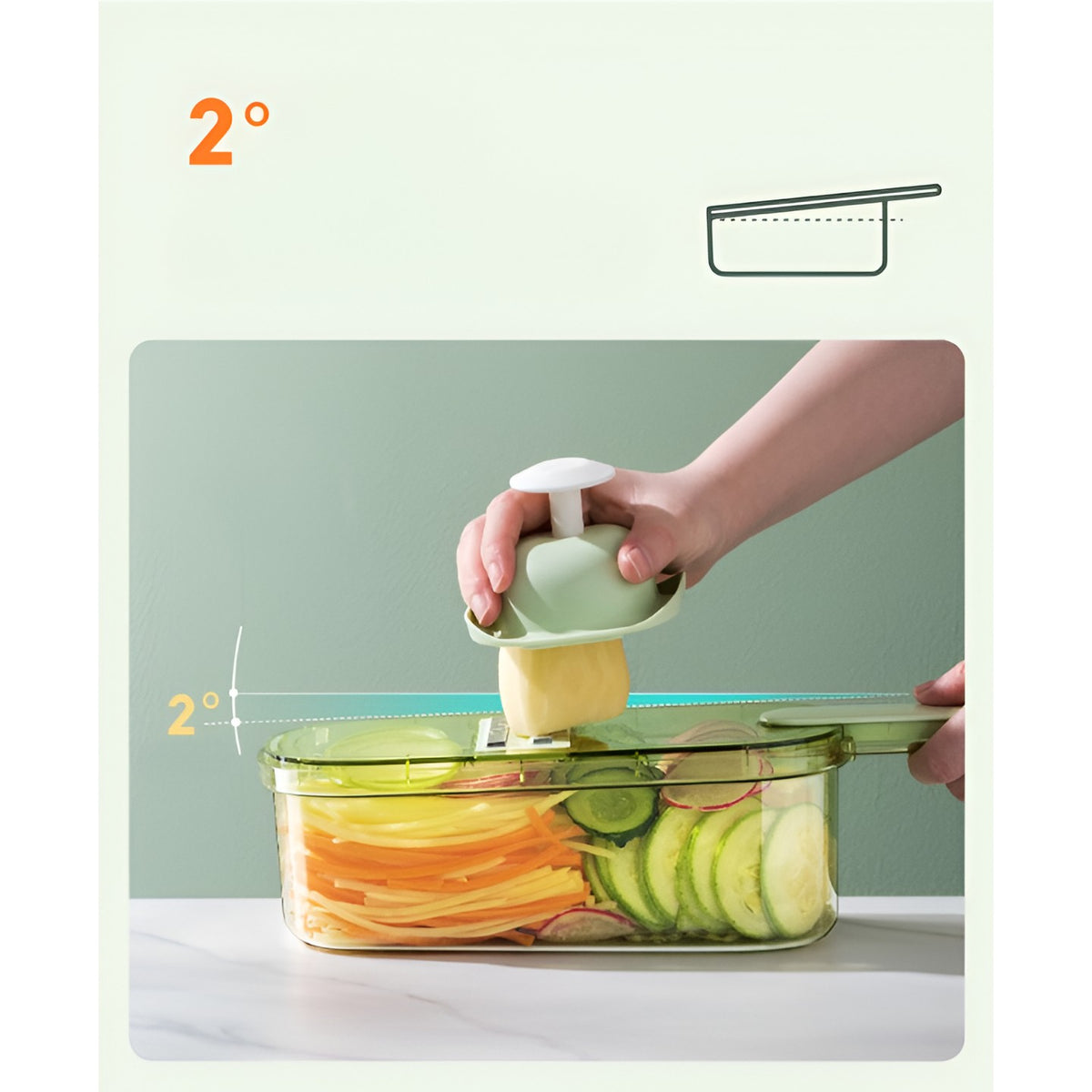 Feliator Multifunctional pentru Legume si Fructe, Tocator 3 in 1 cu 6 Piese, Lame din Inox 420, Recipient Stocare si Protectie Mana, ABS fara BPA, 35x12x9.4 cm, Verde