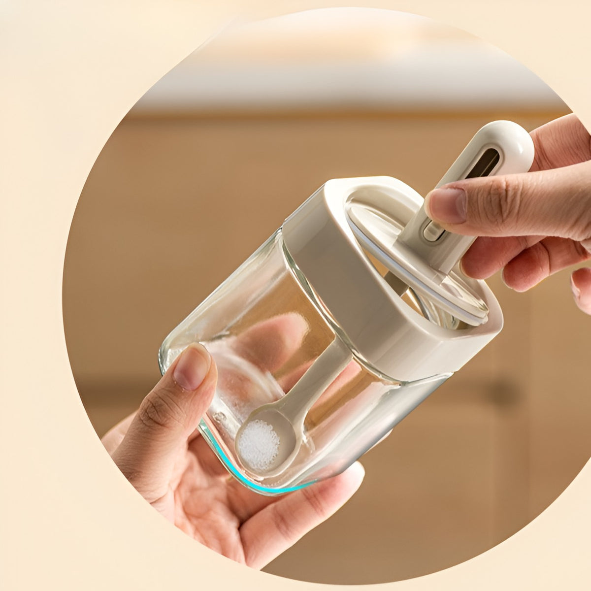 Borcan Depozitare Condimente, Recipient Sticla cu Capac si Lingura Telescopica Incorporata, Inchidere Etansa cu Inel Silicon, 300 ml, Gri