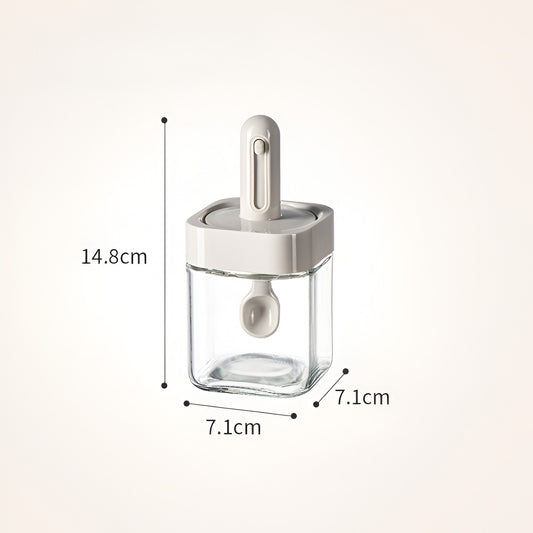 Borcan Depozitare Condimente, Recipient Sticla cu Capac si Lingura Telescopica Incorporata, Inchidere Etansa cu Inel Silicon, 300 ml, Gri