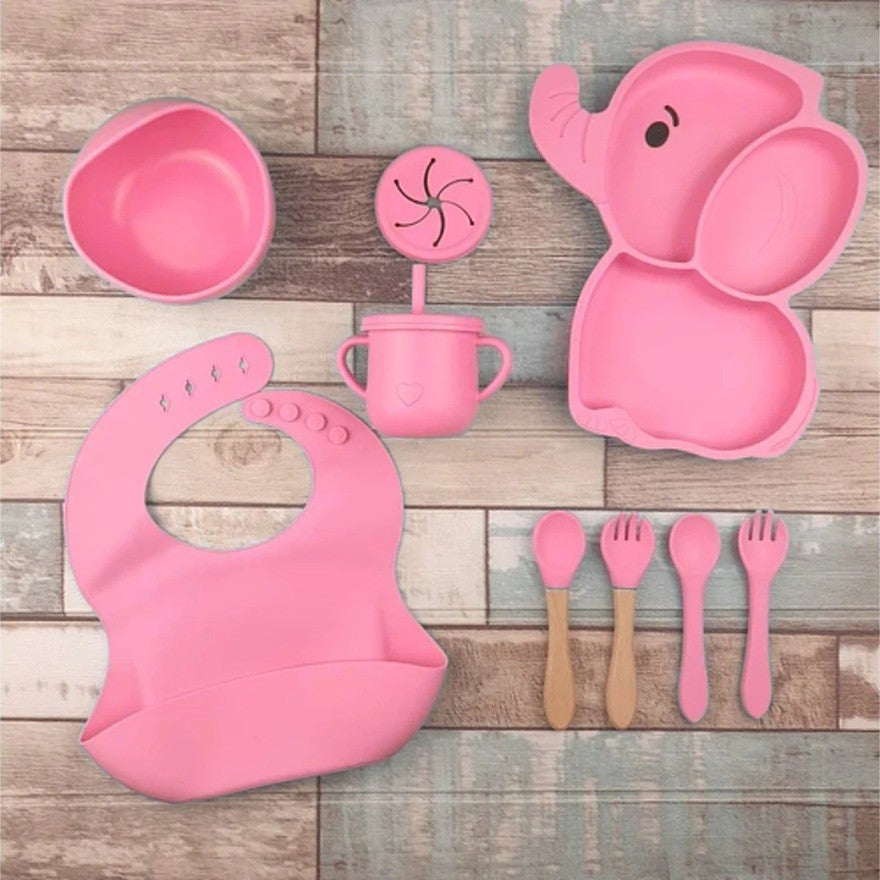 Set Diversificare Masa Bebelusi si Copii, 10 Piese, Farfurie si Bol cu Ventuza Anti-alunecare, Silicon Alimentar si Lemn, Fara BPA, Model Elefant, Roz