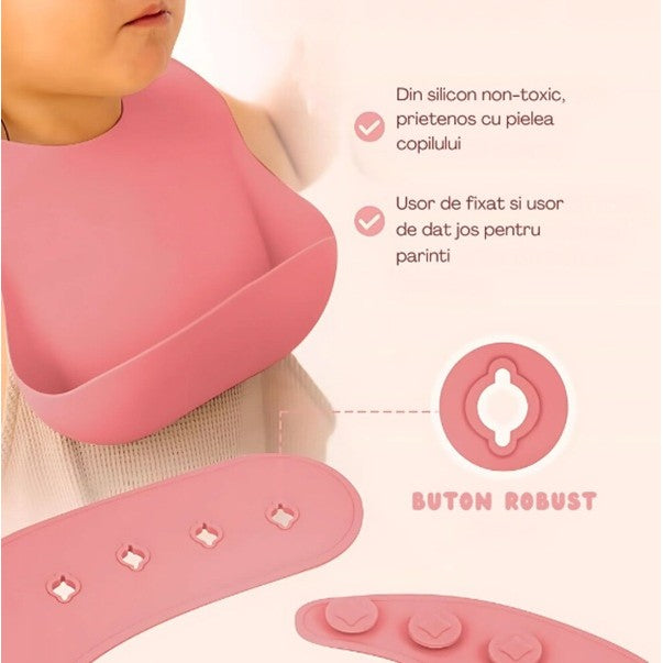 Set Diversificare Masa Bebelusi si Copii, 10 Piese, Farfurie si Bol cu Ventuza Anti-alunecare, Silicon Alimentar si Lemn, Fara BPA, Model Elefant, Roz