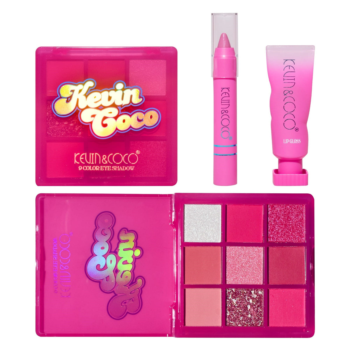 Kevin & Coco Set Machiaj Pink Hearted, Paleta 9 Farduri de Ochi Mate si Sidefate, Ruj Lichid Gloss si Ruj Tip Creion, Roz, 3 Piese, 15.5 x 13 x 3.4 cm