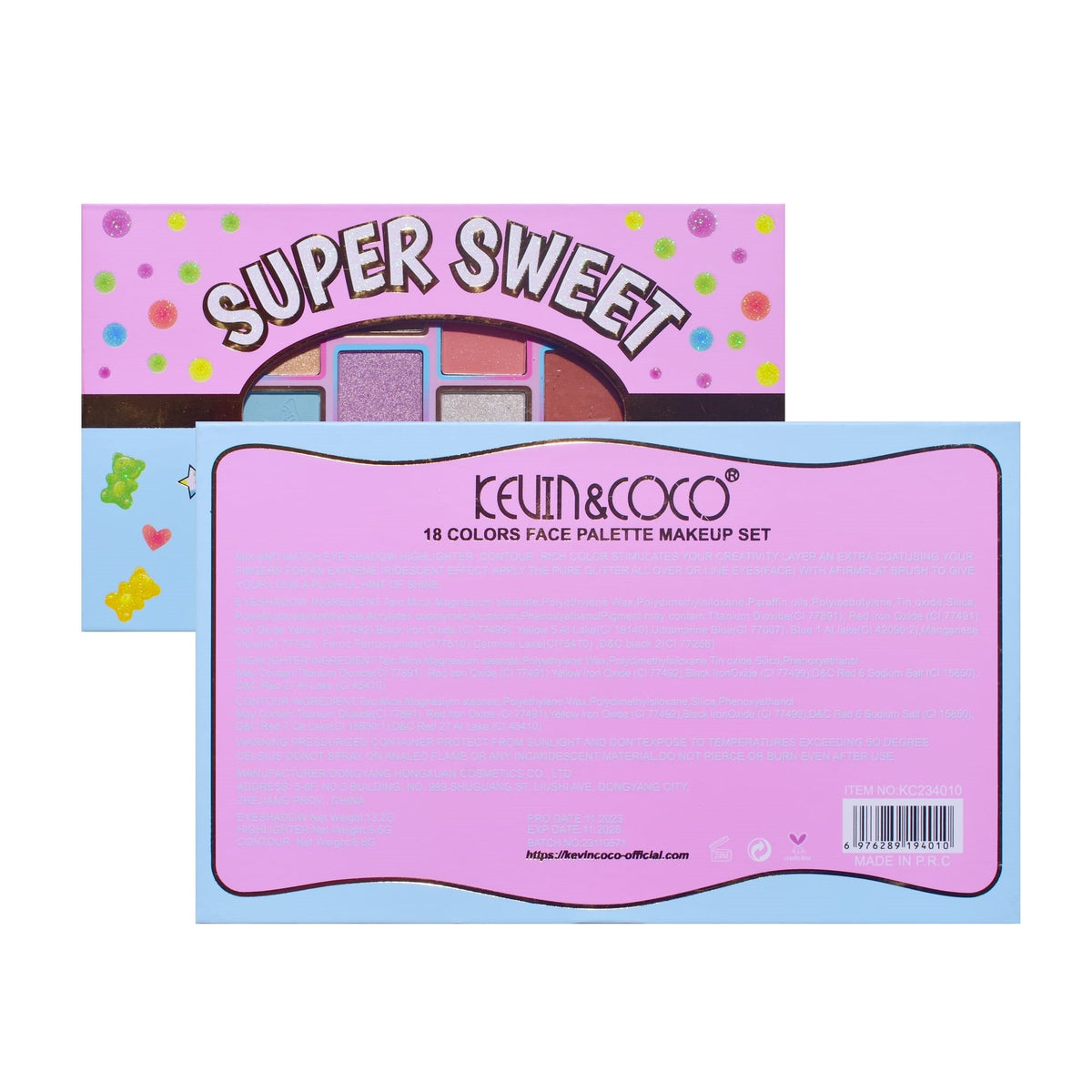 Kevin & Coco Paleta Fard De Pleoape Pink & Blue, 18 Culori Mate Sidefate Si Glitter, Textura Catifelata, Pigmentata, Cruelty-Free, 19.3 x 12 x 1.4 cm