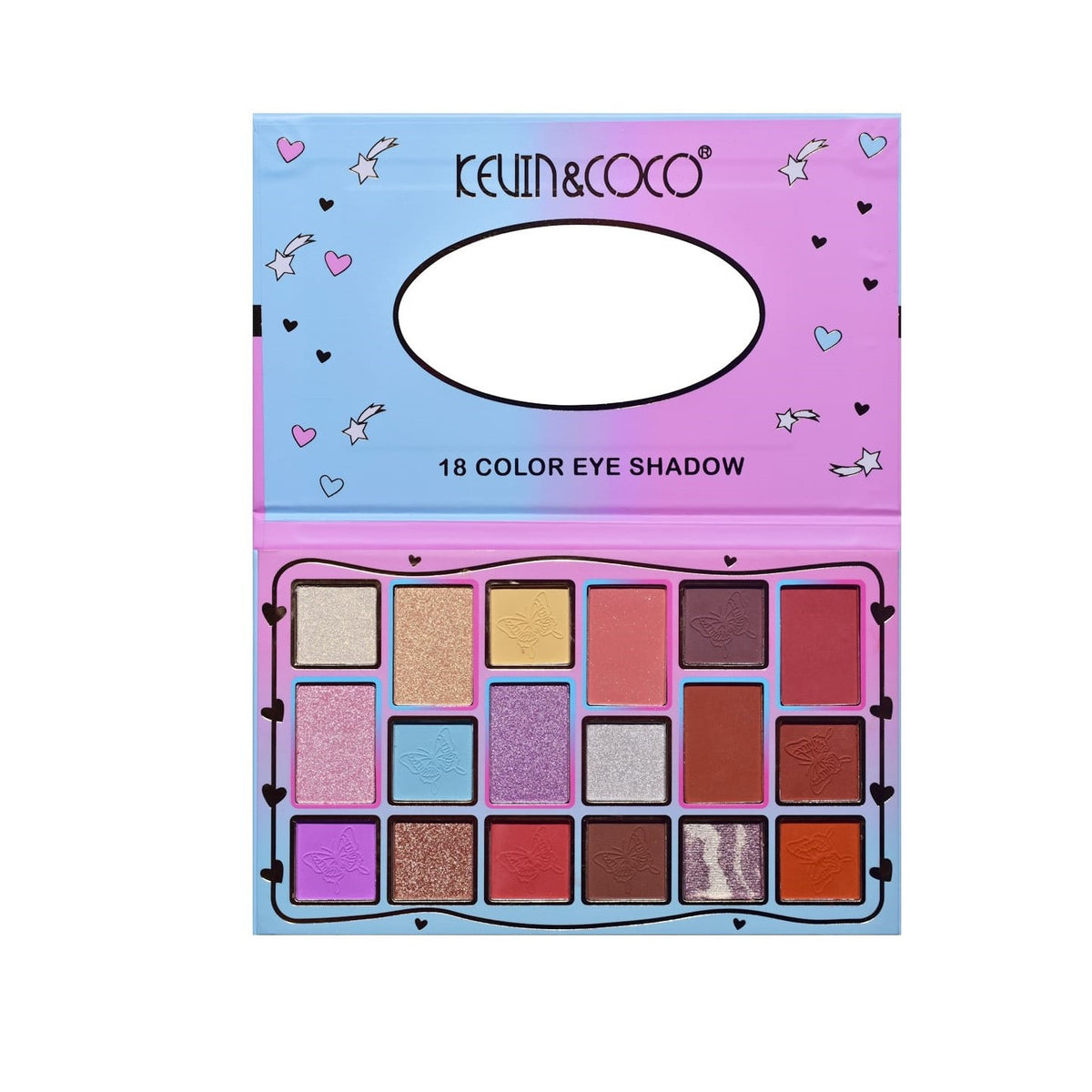 Kevin & Coco Paleta Fard De Pleoape Pink & Blue, 18 Culori Mate Sidefate Si Glitter, Textura Catifelata, Pigmentata, Cruelty-Free, 19.3 x 12 x 1.4 cm