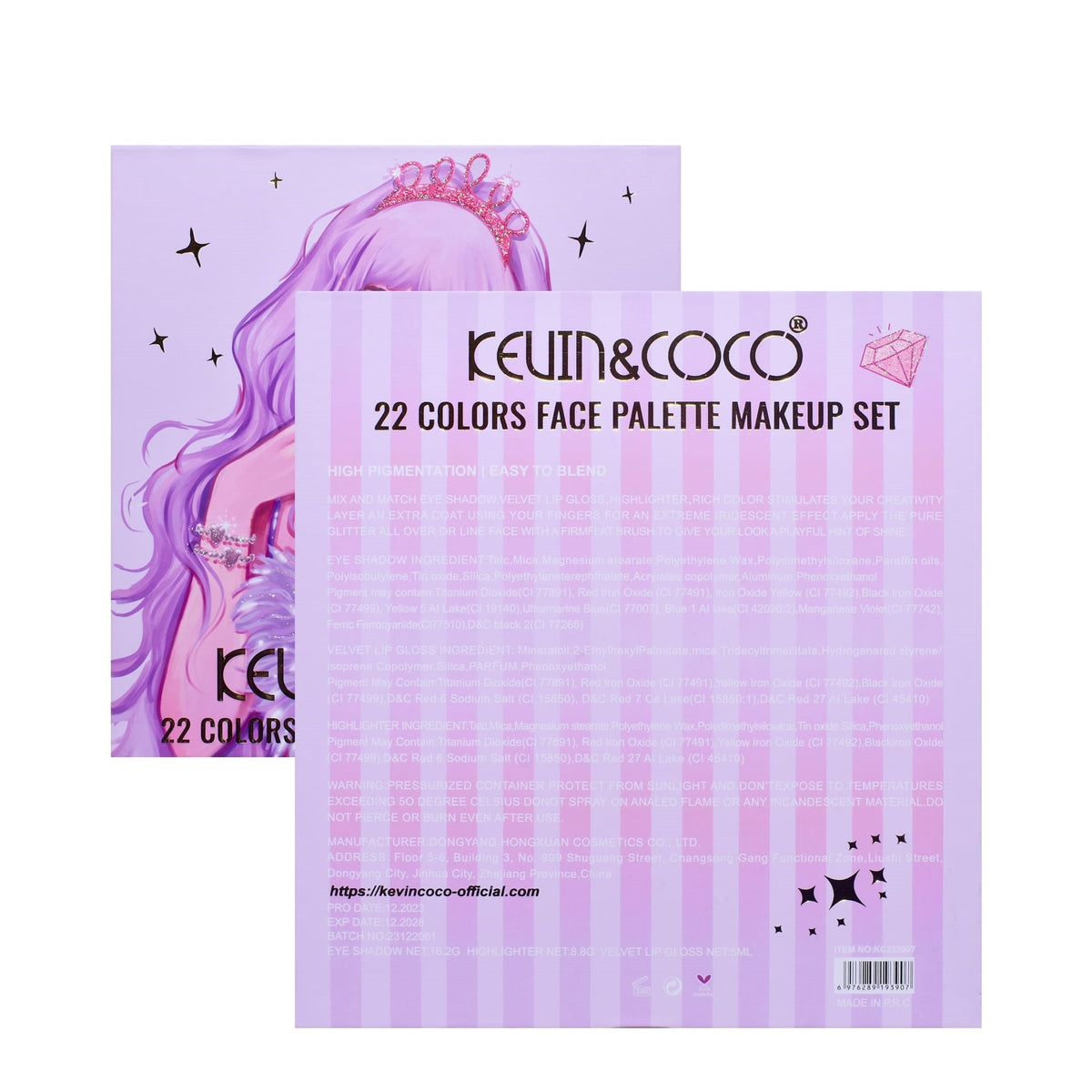 Kevin & Coco Set Machiaj Complet Vanilla Queen, Paleta 18 Farduri de Pleoape Mate si Glitter, 4 Iluminatoare, 2 Rujuri Lichide, Pigment Intens, Cruelty-Free, 22 Culori, 19.7 x 21.2 x 2.5 cm