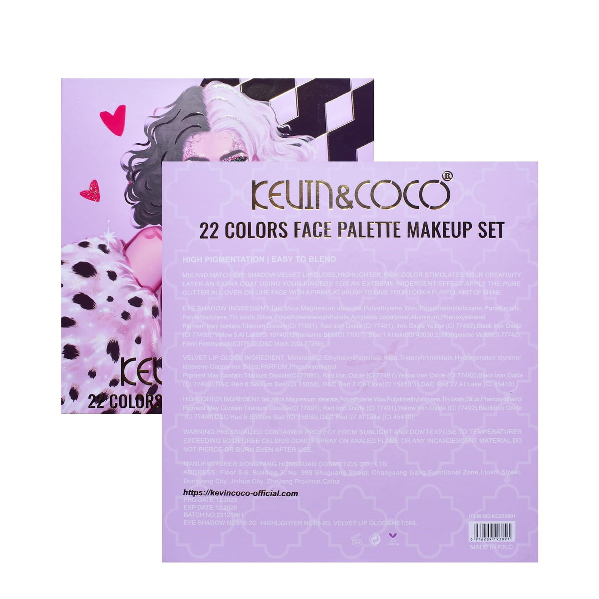 Kevin & Coco Set Machiaj Black-White Witch, Trusa 22 Culori cu 18 Farduri Ochi, 4 Iluminatoare si 2 Rujuri Lichide, Pigmenti Mate si Sidefati, 19.7 x 21.2 x 2.5 cm